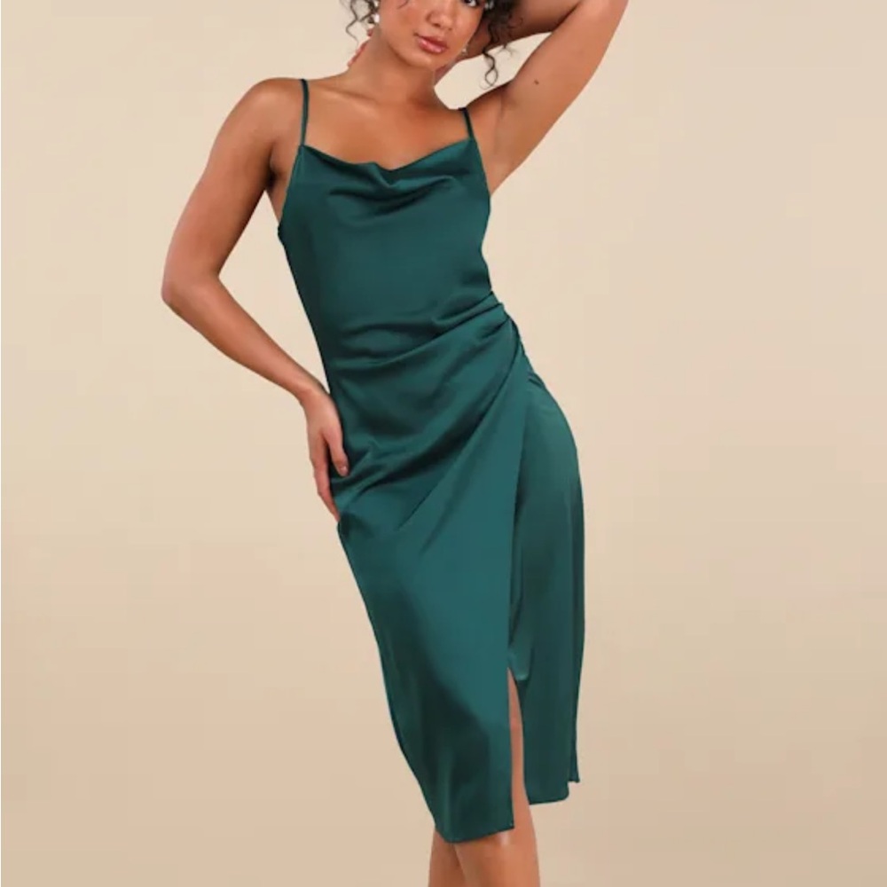 Lulu's Hollywood Woman Forest Green Satin Midi Dress Large